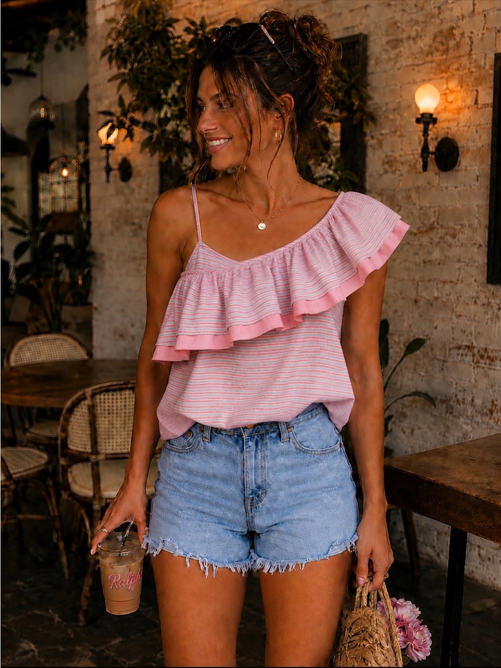 Anthropologie Holding Horses Pink Blue Asymmetrical Ruffle One Shoulder Top